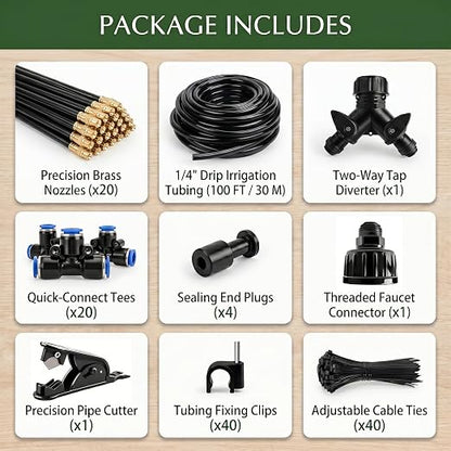 2026-Upgrade 100Ft 1/4" Drip Irrigation System,Garden Watering Kit with 20Pcs 360° Adjustable Copper Nozzles,Automatic Atomizing Sprinkler,DIY for Outdoor,Lawn,Greenhouse,Raised Beds (100FT/20pcs)