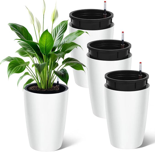 Garvee Tall Planters for Outdoor Plants, 16 in Large Planters Set of 4, Outdoor & Indoor Planters with Water Level Monitor ＆ Inner Bucket, Automatic Watering, for Porch, Patio, Backyard, White