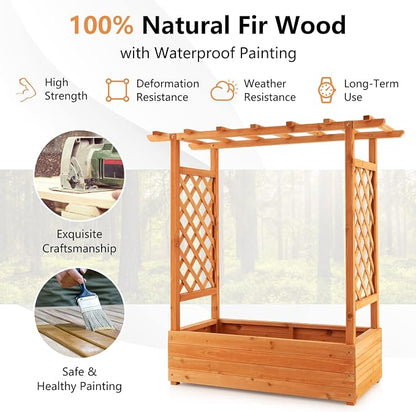 ORALNER Raised Garden Bed with Trellis, Wooden Planter Box with Climbing Frame, Outdoor Elevated Garden Box for Vegetables, Herbs, Flowers, Fruits (Small)