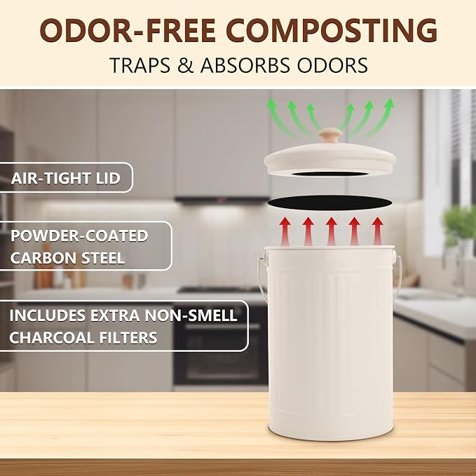1.7 Gal Kitchen Compost Bin with Smell Proof Lid,Odorless Bin for Indoor Countertop,100% Rust Proof Compost Bucket with Non-Smell Charcoal Filter,Easy Cleaning and Looks Great On Any Kitchen Counter