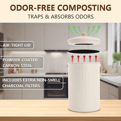 1.7 Gal Kitchen Compost Bin with Smell Proof Lid,Odorless Bin for Indoor Countertop,100% Rust Proof Compost Bucket with Non-Smell Charcoal Filter,Easy Cleaning and Looks Great On Any Kitchen Counter