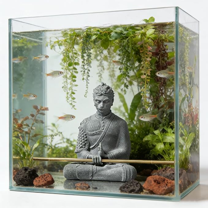 livelyfish Aquarium Sun Wukong Statue Monkey Kings Buddha Statues Zen Sandstone Figurines for Fish Tank Garden Aquarium Decor (Grey)