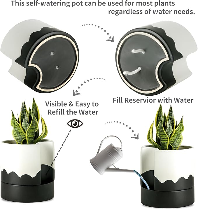 Nihow Self Watering Plant Pot, 8 Inch, White & Wave Black | Ceramic Planter, Drainage Hole & Water Storage Plus, Cylinder Round Flower Pot, Indoor & Outdoor, For Succulent/Herbs/Violets