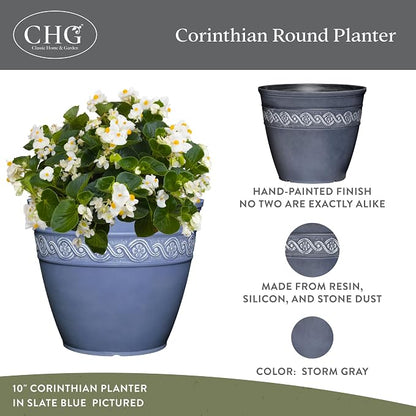 Classic Home and Garden by Growscape Corinthian Planter Pot(10" Storm Gray) | Classic Resin Plant Pots, Lightweight Indoor Outdoor Planter, Weather-Resistant, Great for Patio, Home & Garden Decor Accent