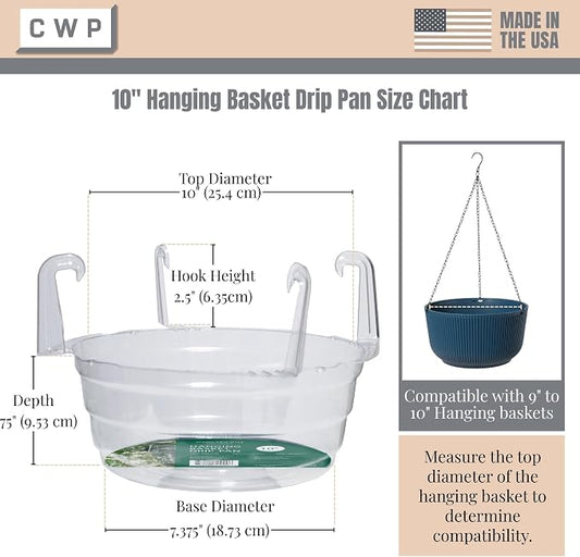 Curtis Wagner Plastics Hanging Basket Drip Pans (5-Pack) | Clear, Round (Diameter = Base 7.37", Top 10", Depth 3.7") Hanging Plant Tray Saucer with Built-in Hooks & Water Catcher for Indoor & Outdoor