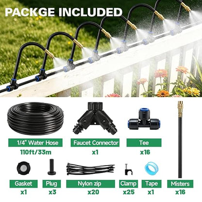 Riboud 110Ft Drip Irrigation System, 2026-Upgrade Garden Watering Kit with 16 Adjustable Copper Rotating Arm Nozzles, 360° Flexible Spray Irrigation Kit for Raised Beds, Lawn, Greenhouse