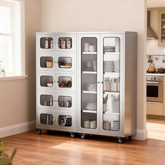 ZZV 68" Full-Assembled Stainless Steel Cabinet with Glass Doors, 5-Tier Rolling Kitchen Pantry Storage Cabinet with Wheels for Garage, Warehouse, Utility Room, Laundry Room, Restaurant, Cafe