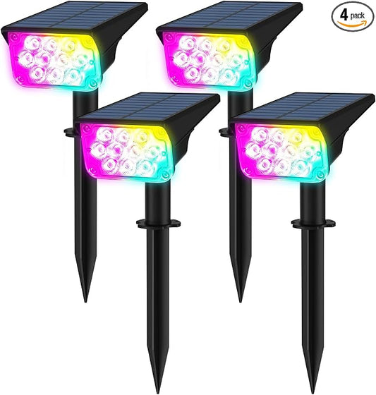 T-SUNUS RGB Solar Landscape Spotlights Christmas Outdoor, IP65 Waterproof Color Spot Light Auto Dusk to Dawn Landscaping Wall Lights for Tree Yard Garden Driveway Porch Walkway Pond Halloween 4 Pack