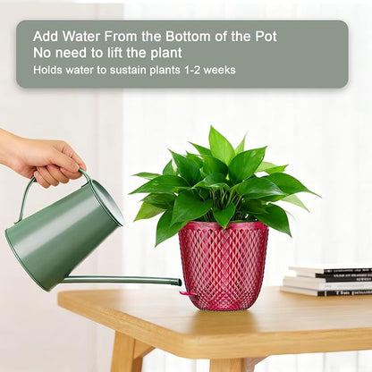 QCQHDU Hanging Planters for Indoor Plants, 2-Pack, 7.2 Inch, Red | Plastic, Self Watering Plant Hanger, with Drainage Holes, 3 Hooks Chains, For Garden Home