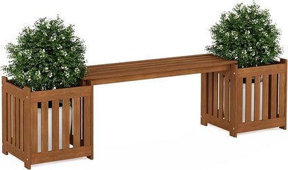 Furinno TIOMAN Planter Box with Bench, Hardwood Flower Box with Seat, Cube Garden Box, in Teak Oil, Outdoor Indoor, Garden, Patio, Balcony, Light Wood