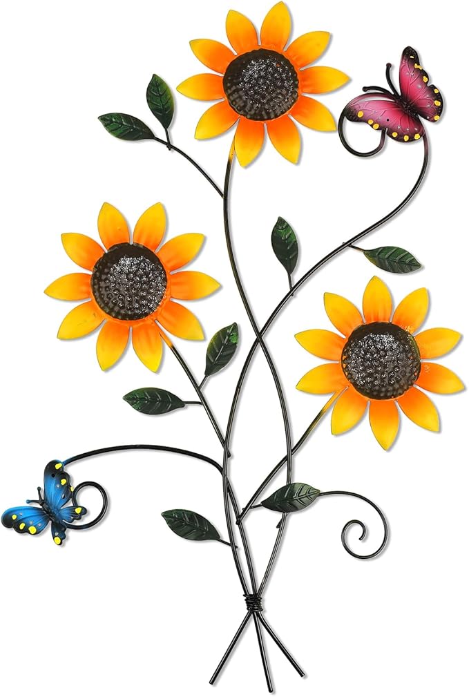 DETENE Metal Sunflower Wall Decor with Butterfly 3D Colorful Outdoor Wall Art Fence Decorations for Patio Metal Flowers Wall Hanging Ornament for Garden Porch Living Room Balcony Farmhouse