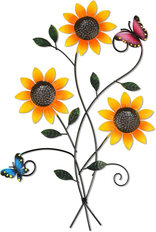 DETENE Metal Sunflower Wall Decor with Butterfly 3D Colorful Outdoor Wall Art Fence Decorations for Patio Metal Flowers Wall Hanging Ornament for Garden Porch Living Room Balcony Farmhouse