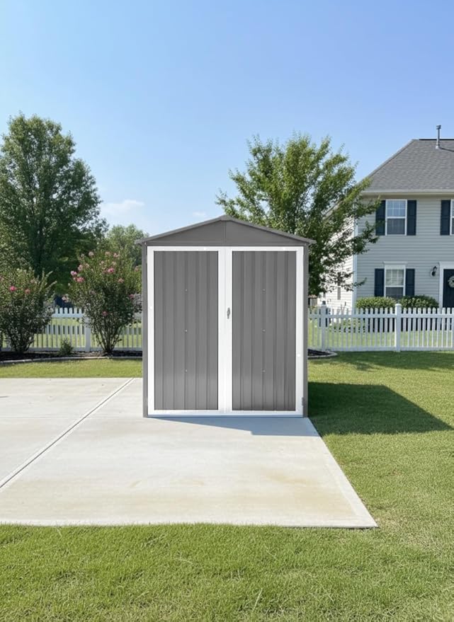 Outdoor Metal Storage Shed with Window,10x6.64 FT Motorcycle Storage Shed, Waterproof Heavy Duty Outdoor Storage for Garden Tools Sports Equipment,No Tracks & Fixtures,Grey+White
