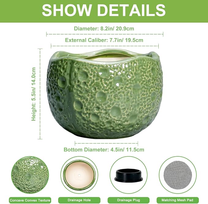 8 Inch Plant Pot - Ceramic Pots for Plants with Drainage Hole, Round Decorative Plant Pots for Indoor Outdoor, Modern Unique Flower Pot, Office Decor, Garden Gifts, Green