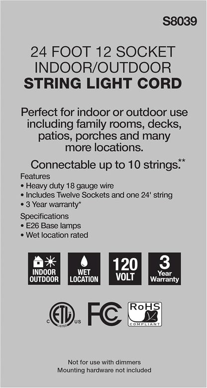 Satco S8039 Incandescent Indoor/Outdoor String Lights, Black, Bulbs Not Included, 24 Feet (Pack of 1)