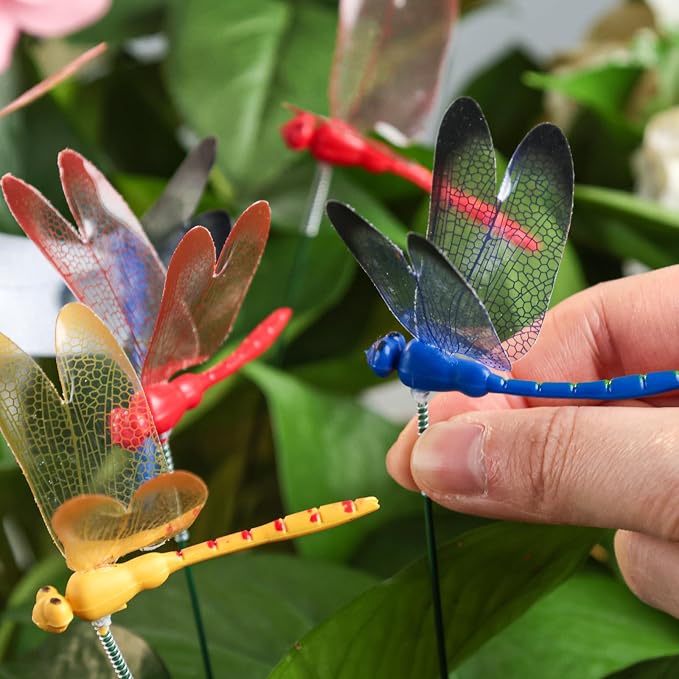 VGOODALL 24 PCS Dragonfly Garden Stakes, Plastic Garden Decorations | 4 Colors Dragonfly Ornaments for Indoor, Outdoor Yard