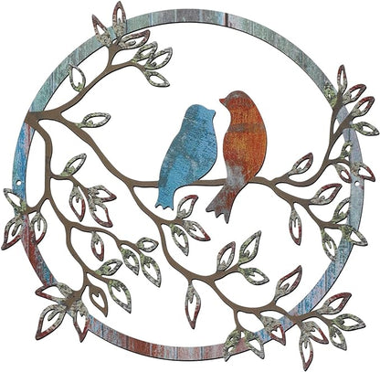 Ferraycle Metal Wall Art Bird on Tree Branch Silhouette Bird Hanging Ornament Porch Wall Decor for Living Room Outdoor Garden Bedroom Office Housewarming Party Decoration(Retro Color)