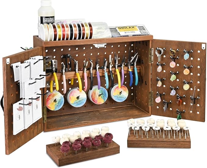 Ikee Design Wooden Pegboard Tool Organizer Box with Doors Wall Mount or Benchtop Jewelry Tool Storage with 40 Hooks & Bur Holders, Workshop Garage Craft Organizer Cabinet, Brown