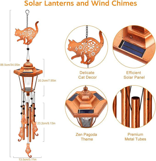 Cat Solar Wind Chimes for Outside, Birthday Gifts for Mom Women Grandma Mother's Day Memorial, 34-Inch Windchimes with Wind Spinner, Outdoor Hanging Solar Lights Waterproof Patio Yard Garden Decor