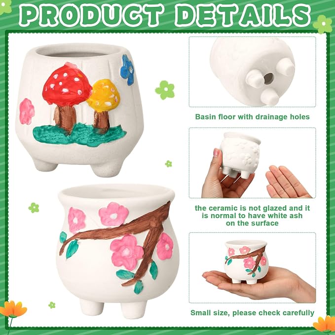 Hushee 12 Sets Ceramic Succulent Planters Paintable Succulent Plant Pots Small DIY Figurines Unpainted Pots with Drainage Hole Color Paints Paintbrushes Palettes