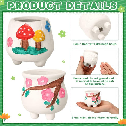 Hushee 12 Sets Ceramic Succulent Planters Paintable Succulent Plant Pots Small DIY Figurines Unpainted Pots with Drainage Hole Color Paints Paintbrushes Palettes