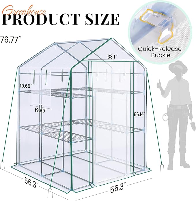 KING BIRD Premium Greenhouse for Outdoors, 56x56x77 in Walk-in Hot House with Thickened Cover, Reinforced Frame, Screen Windows & Mesh Door, 3 Tiers 14 Shelves for Outside Garden Seedlings, Clear
