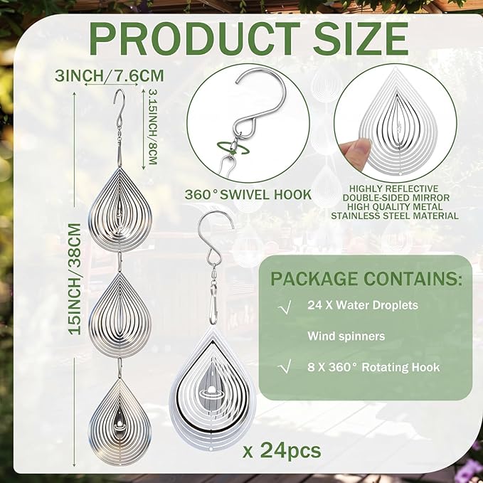 24 pcs Stainless Steel Bird Deterrents for Outside 3D Wind Spinners Outdoor Decor Reflective Bird Scare Discs Devices Deterrents Shiny Metal Reflectors Decor to Keep Woodpeckers Away(Teardrop)