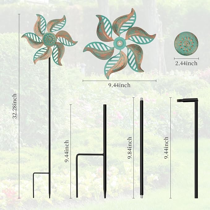2 Pack Wind Spinners Outdoor Metal Vintage Green, Waterproof Wind Sculptures Garden Pinwheels & Decorative Stakes, Small Windmills for Yard Lawn Patio Outdoor Garden Decor (Type 36)