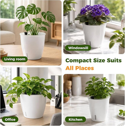 Upgraded Self Watering Pots for Indoor Plants, 8-Pack 5 Inch Top-Fill Self Watering Planter with Water Window, Orchid Pots, Clear Wick Inner Basket with Drainage, White