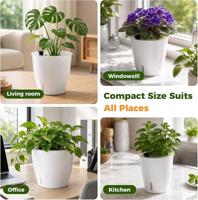 Upgraded Self Watering Pots for Indoor Plants, 3-Pack 6.7 Inch Top-Fill Self Watering Planter with Water Window, Orchid Pots, Clear Wick Inner Basket with Drainage, White