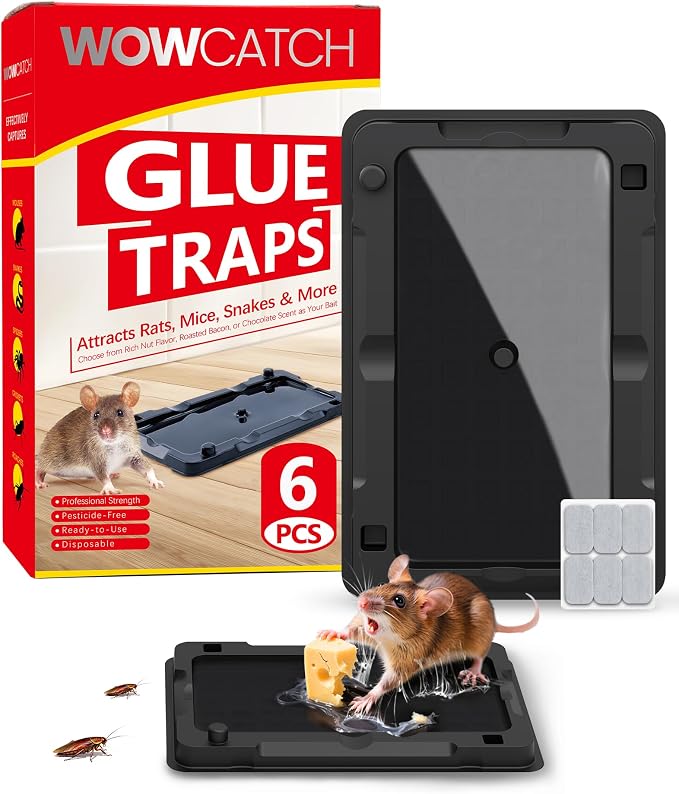 Wowcatch Sticky Mouse Traps Indoor for Home -6 Pk Pre-baited Glue Traps for Roaches, Spider, Lizard, Rodent Catcher for Kitchen, Garage, Glue Boards for Insects, Pet Safe Pest Control, Non-Toxic