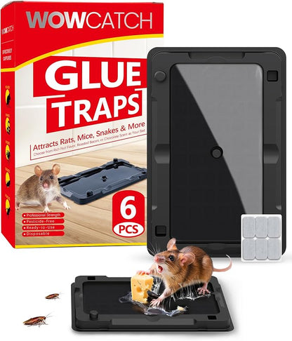 Wowcatch Sticky Mouse Traps Indoor for Home -6 Pk Pre-baited Glue Traps for Roaches, Spider, Lizard, Rodent Catcher for Kitchen, Garage, Glue Boards for Insects, Pet Safe Pest Control, Non-Toxic