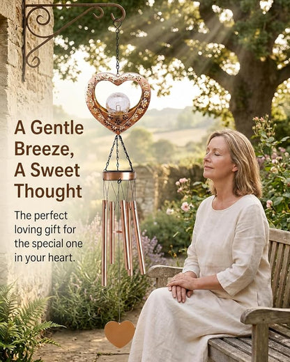 Nacome Solar Heart Wind Chimes for Outside: Weatherproof Metal Outdoor Decor Easy Hanging for Garden Patio Tree Window - Melodious Mother's Day Birthday Gifts for Mom Women Mom Grandma Her Wife