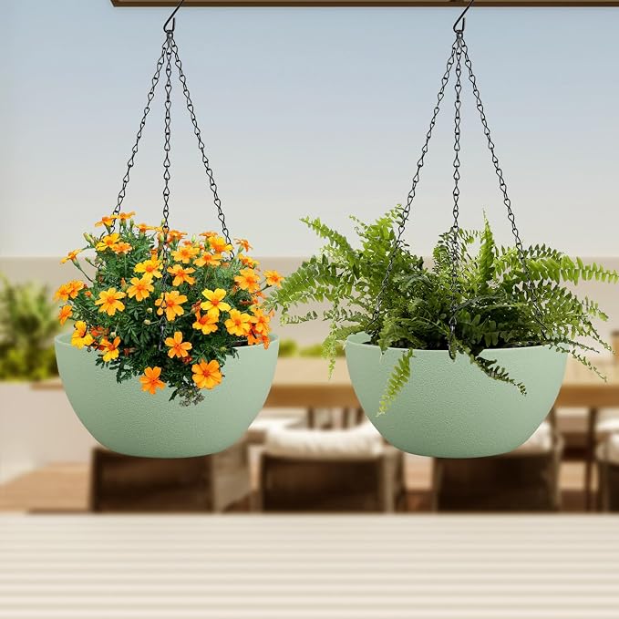 Meowell 10 inch Hanging Planters Plant Pots for Indoor Outdoor Plants, 2 Pack Hanging Flower Pots with Drainage Holes and Chain for Garden Porch, Plastic Hanging Baskets for House Plants, Green