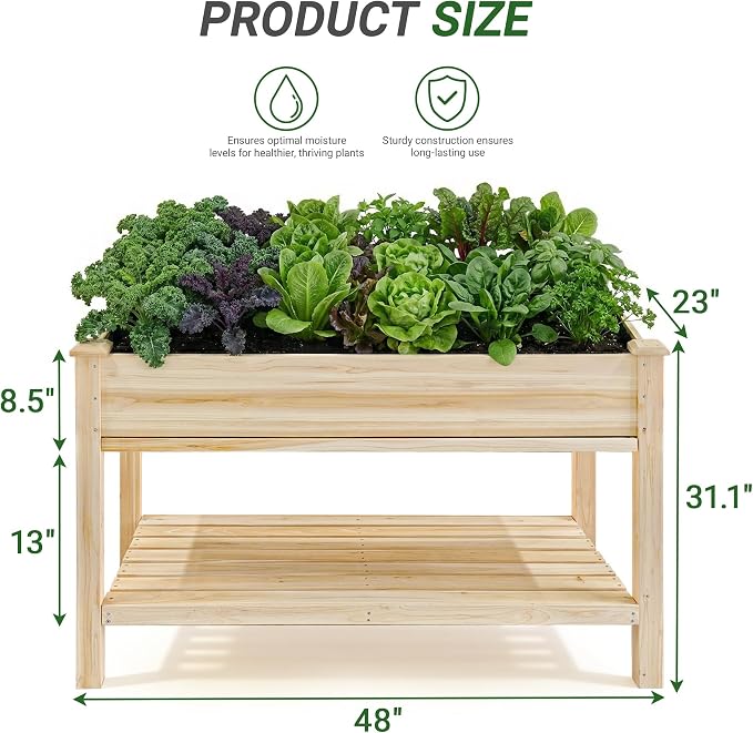 48 x 23 x 31 Inches Raised Garden Bed with Legs, Elevated Wooden Planter Box for Outdoor Plants with Water Collection Tray, Storage Shelf, Protective Liner, Natural