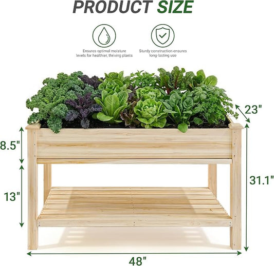 48 x 23 x 31 Inches Raised Garden Bed with Legs, Elevated Wooden Planter Box for Outdoor Plants with Water Collection Tray, Storage Shelf, Protective Liner, Natural