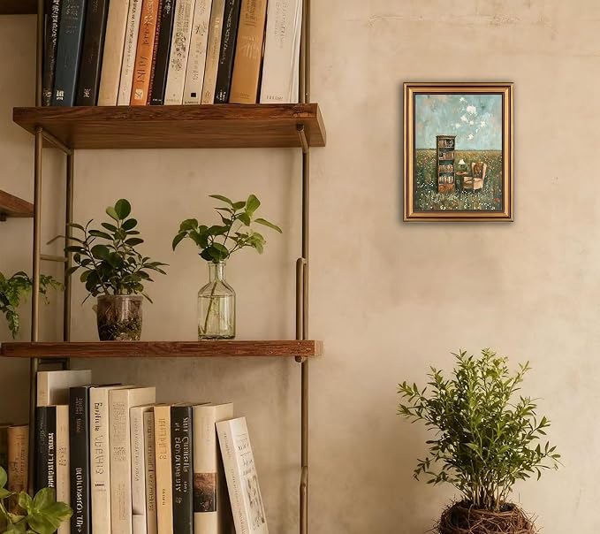 Gold Framed Vintage Book Nook Canvas Wall Art for Library Reading Room,Whimsical Bookshelf Print Pictures, Book Lover Wall Decor 9"x11"