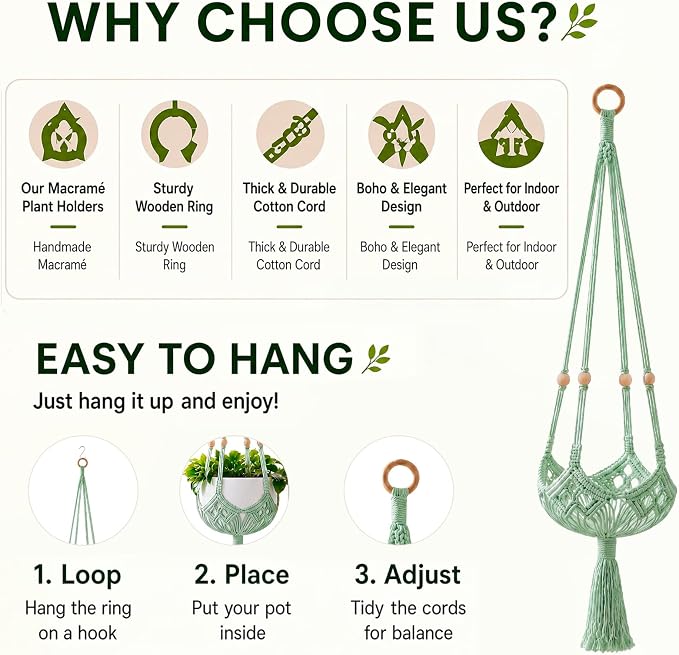 Shappy 1 Pack Boho Macrame Plant Hanger, Large Hanging Planter Plant Holder Pot Hanger Hanging Basket Wall Planters, Plants Lover Gift for Indoor Garden (Wooden Ring and Wooden Beads,Sage Green)