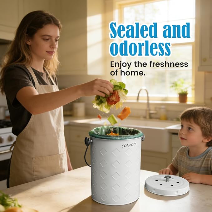 AOSION Countertop Compost Bin Kitchen,Odorless Indoor Compost Bin with Lid | 1 Gallon Composter Container,Removable Inner Bucket,50 Compost Bags,2 Carbon Filters,ideal for food scraps,coffee grounds