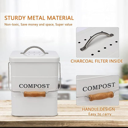 Compost Bin Kitchen Countertop Indoor Compost Pail Bucket, Great for Food Scraps, Carbon Steel, Handles, White, 1 Gallon - Includes Charcoal Filter