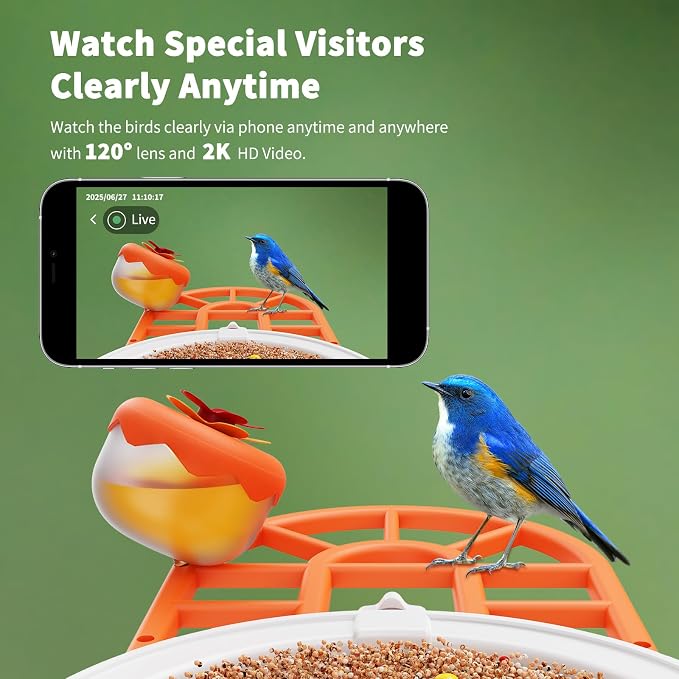 HARYMOR Bird Feeder with Camera | AI Identify Birds Species, Solar Powered, Smart Bird House with Cam, 2K HD Video Live Stream, Instant Arrival Alerts - Orange