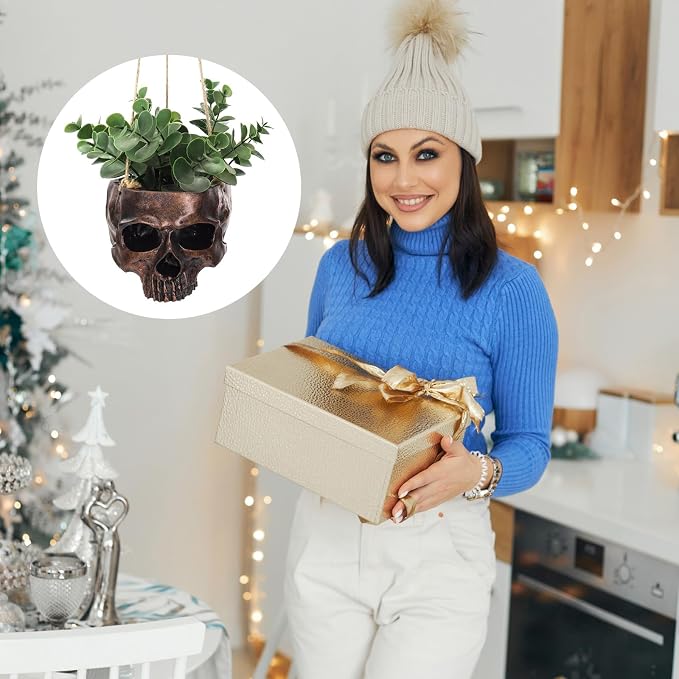 2 Pack Hanging Skull Planter Pot with Ropes Gothic Skeleton Plant Pot Skull Candy Bowl for Succulent Plants Flowers Horror Head Wall Decoration (Bronze)