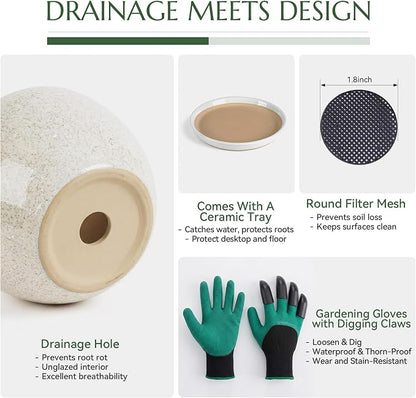 8.3 Inch Ceramic Planter with Saucer Leak-Proof Mesh &Drainage, Round Plant Pot with Gardening Gloves for Indoor Outdoor Plants