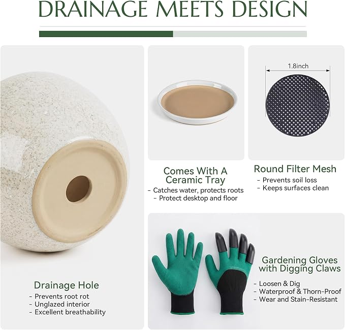 10.2 Inch Ceramic Planter with Saucer Leak-Proof Mesh &Drainage, Round Plant Pot with Gardening Gloves for Indoor Outdoor Plants