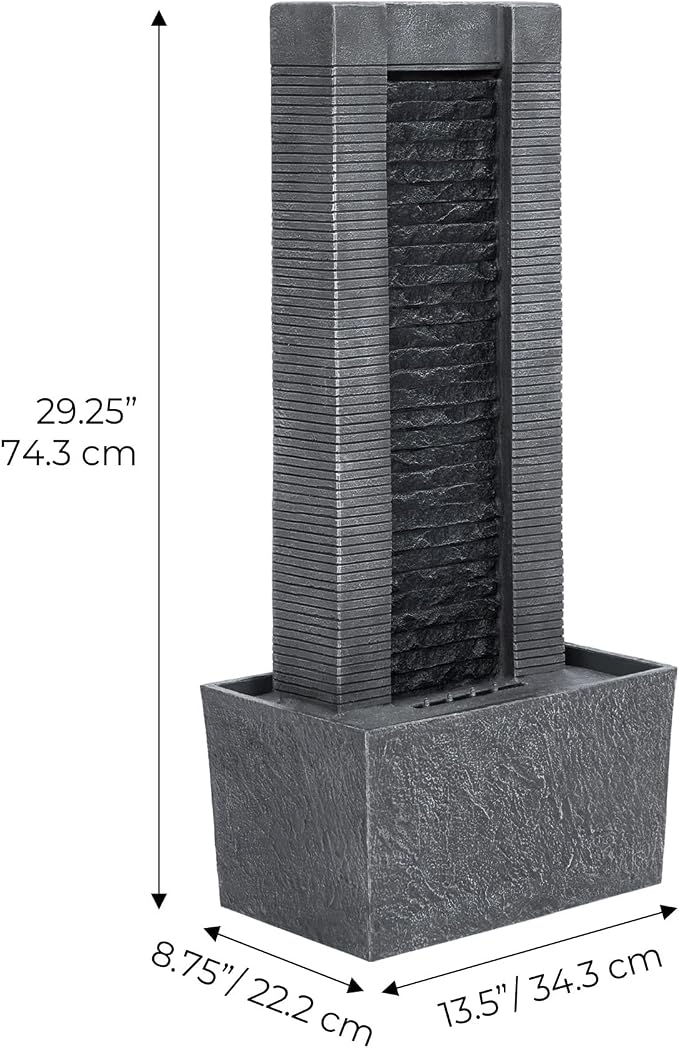 Teamson Home 29.25" Demeter Indoor/Outdoor Modern Waterfall Fountain with LED Lights, Black and Stone Gray | LED Lights, Waterfall Fountain, Garden, Patio, and Backyard Decor, Black and Stone Gray