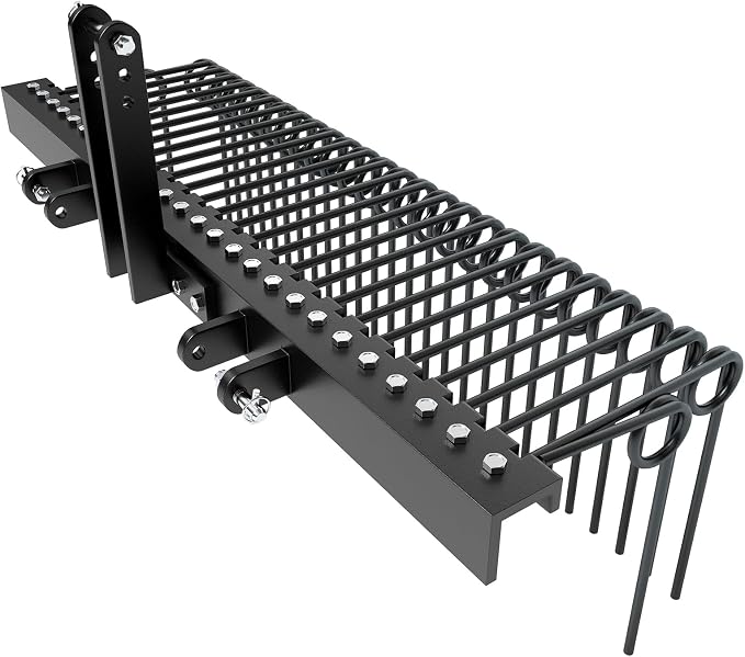 Garvee 60 Inch 3 Point Tractor Rake, Pine Straw Needle Rake, Durable Powder Coated Steel Spring Landscape Rakes Fit for Cat0,Cat1,Black