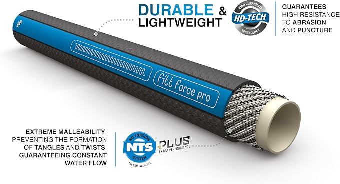 FITT Force Pro Water Hose, Lightweight Ultra Flexible Durable Kink-Free Heavy-Duty Commercial Grade Flat Garden Hose, Grey and Blue, 100-Feet x 3/4-Inch