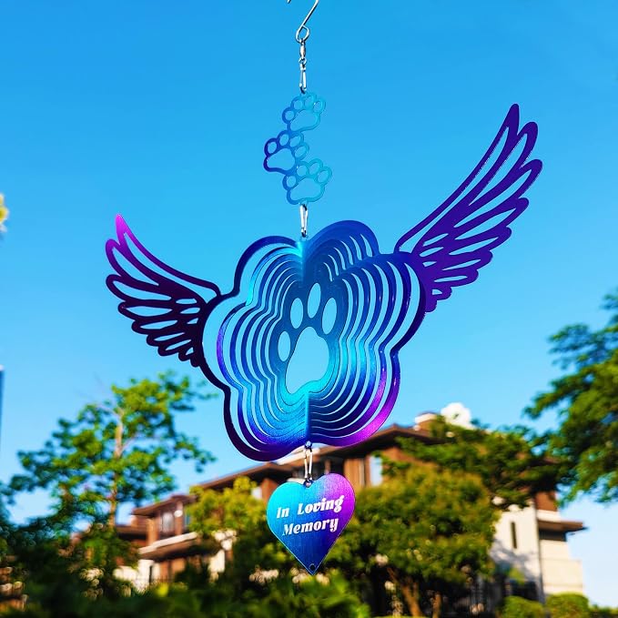 Pet Memorial Wind Spinners, Cat Memorial Gifts,Stainless Steel Angel Wings Pet Paw Print,Dogs and Cats Remembrance, Pet Sympathy,Pet Loss Bereavement Gifts