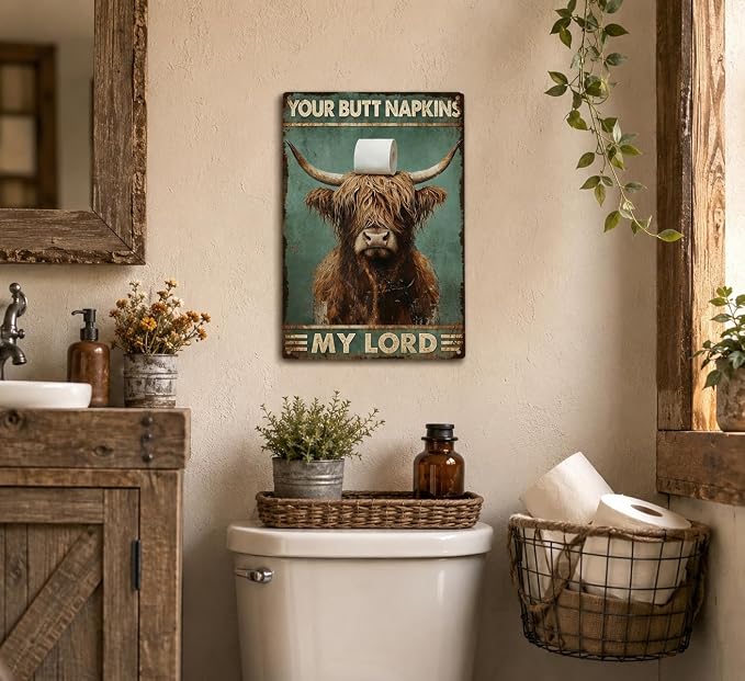 Funny Highland Cow Metal Sign, Vintage Bathroom Humor Wall Decor, Your Butt Napkins My Lord Retro Plaque for Toilet Restroom Farmhouse Home Decor 8x12 Inch