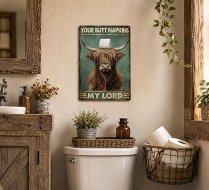 Funny Highland Cow Metal Sign, Vintage Bathroom Humor Wall Decor, Your Butt Napkins My Lord Retro Plaque for Toilet Restroom Farmhouse Home Decor 8x12 Inch